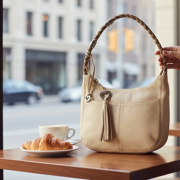 Brighton Handbags - Brighton Beige Pebbled Leather Hobo Shoulder Bag Tassel Charm Silver Hardware